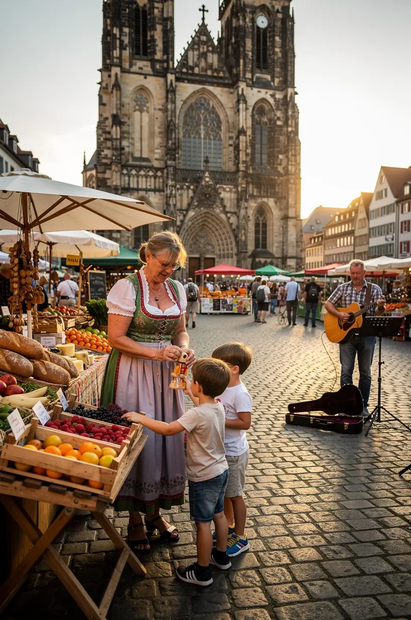 Traditioneller Wochenmarkt mit frischen regionalen Lebensmitteln und freundlichen Händlern